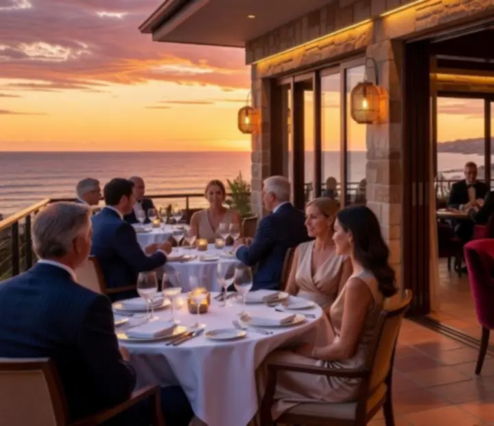 Guests enjoying luxury dining and poker in a coastal Australian restaurant