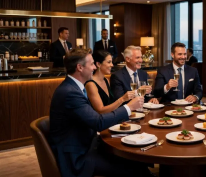 Private celebration with poker chips and gourmet dishes in a luxury coastal restaurant