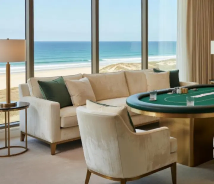 VIP lounge with plush seating and private poker tables in a luxury coastal venue