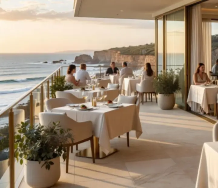 Luxury coastal restaurant terrace opening into an elegant poker lounge at StackedPlateDining
