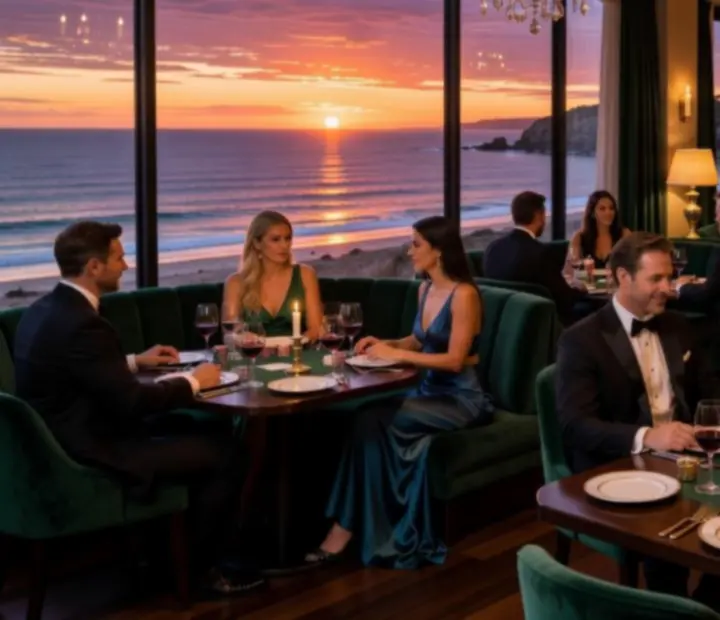 Elegant coastal poker evening at StackedPlateDining with guests dining and playing cards