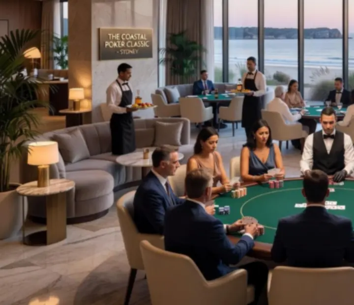 Atmospheric live poker tournament with players seated around a luxury table