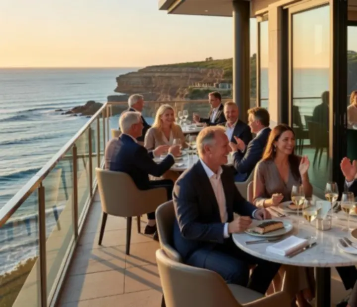 Luxury Australian coastal restaurant terrace at sunset connected to an elegant poker lounge