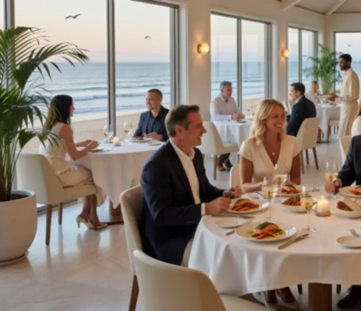 Friends sharing a refined dinner in a softly lit coastal restaurant
