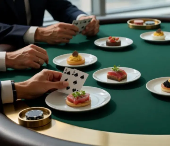 Elegant poker table with gourmet dishes and playing cards