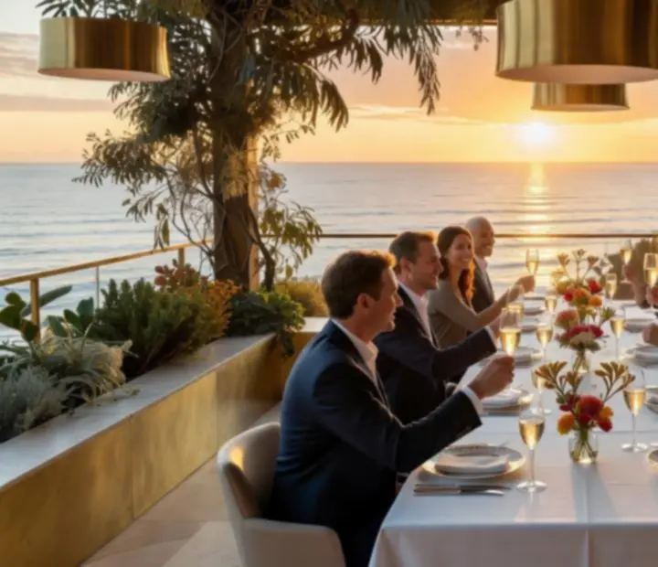 Guests enjoying sunset dining and poker on a coastal terrace in Australia