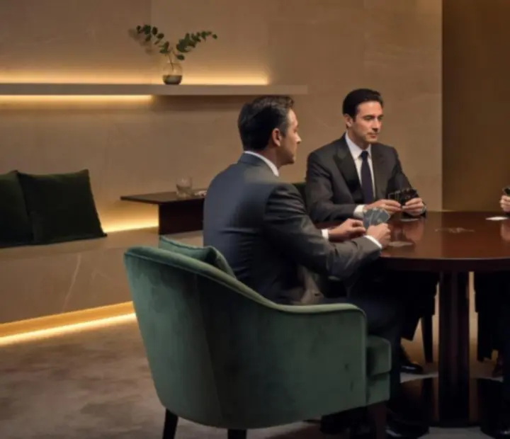 Intimate VIP poker lounge with plush seating and warm lighting