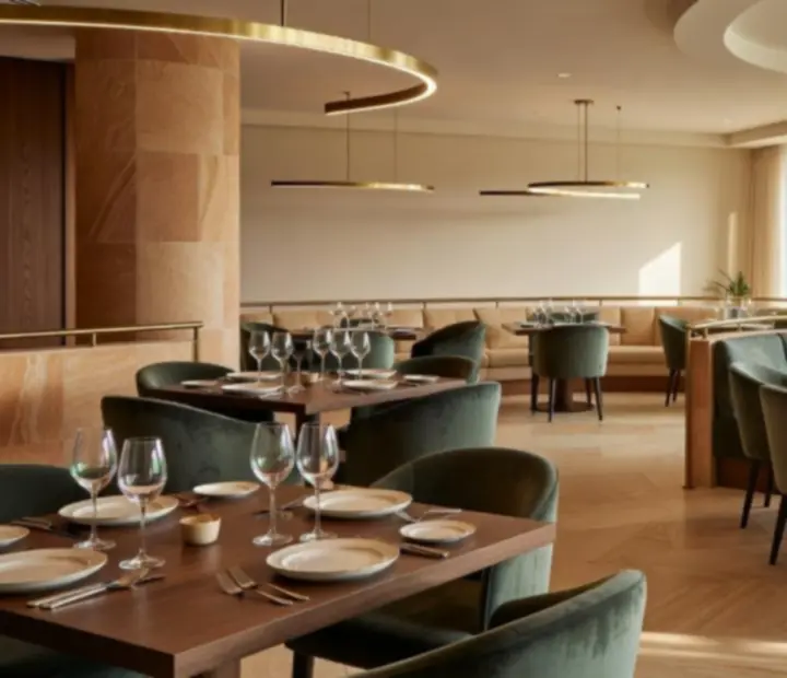 Elegant Australian restaurant interior with coastal textures and brass poker‑inspired detailing